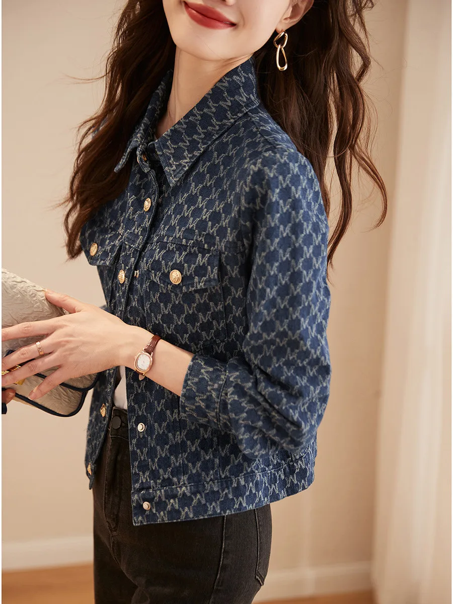 Jaqueta de Denim com Bordado E para Mulheres, Manga Longa, com Bolso, Casaco Curto Estiloso para Outono, Estilo Casual...