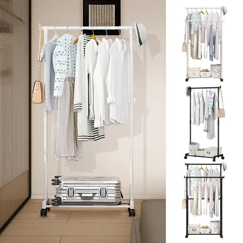 Double Clothes Rack Metal Clothing Rack With Wheels Closet Organizers And Storage Multi-Functional Wardrobe Space Saver For