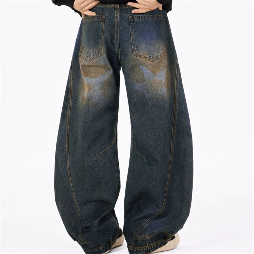 MWJLPWQ Worn-Out Distressed Curved Cut Jeans For Men Trendy Deconstructed Design Wear Autumn New Unique Wide-Leg Trousers 20220