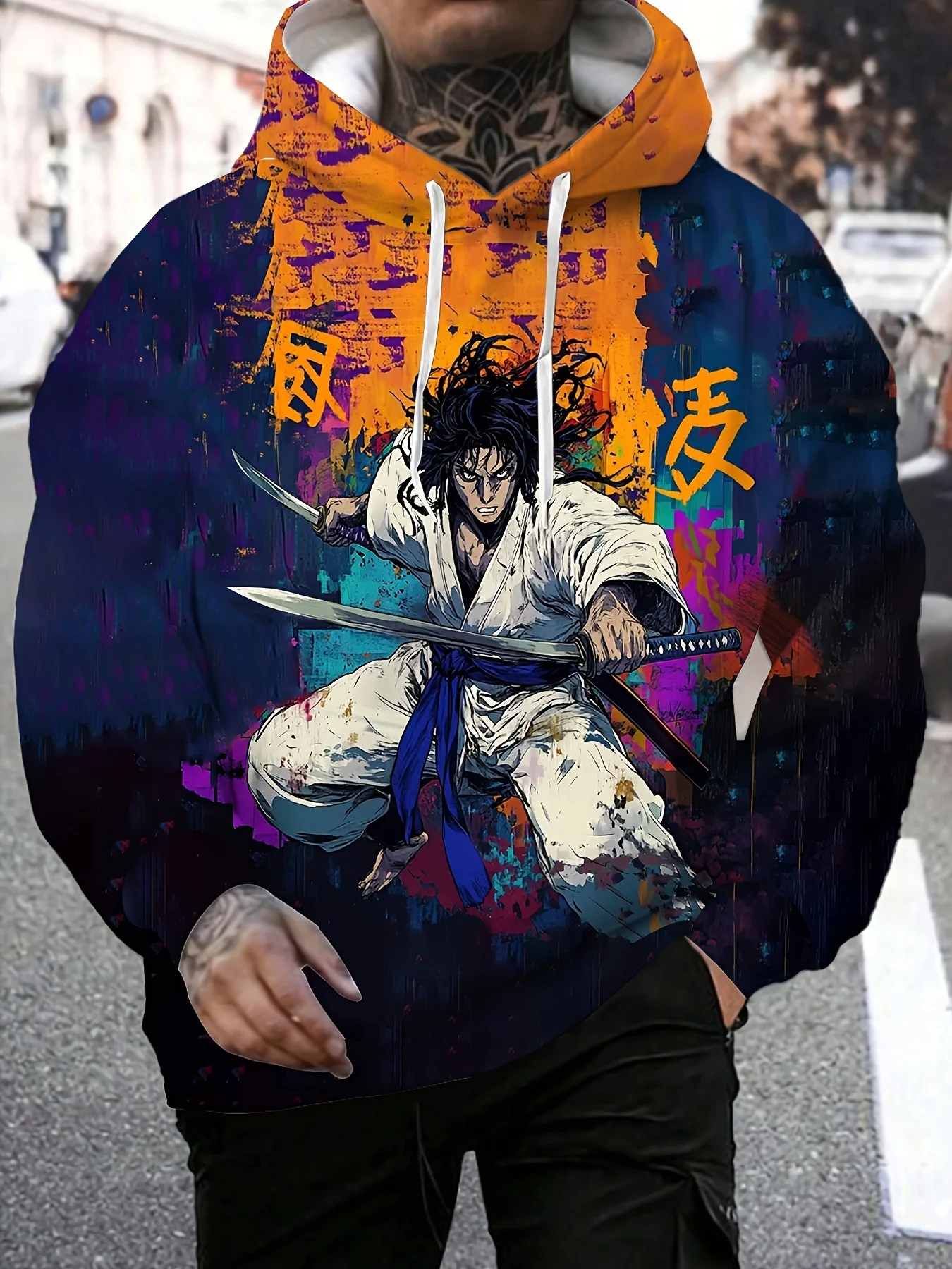 

Autumn Men'S Hoodie Samurai Month Flower Print Winter Womens Childrens Casual European American Thickened Animation Hoodie Dress
