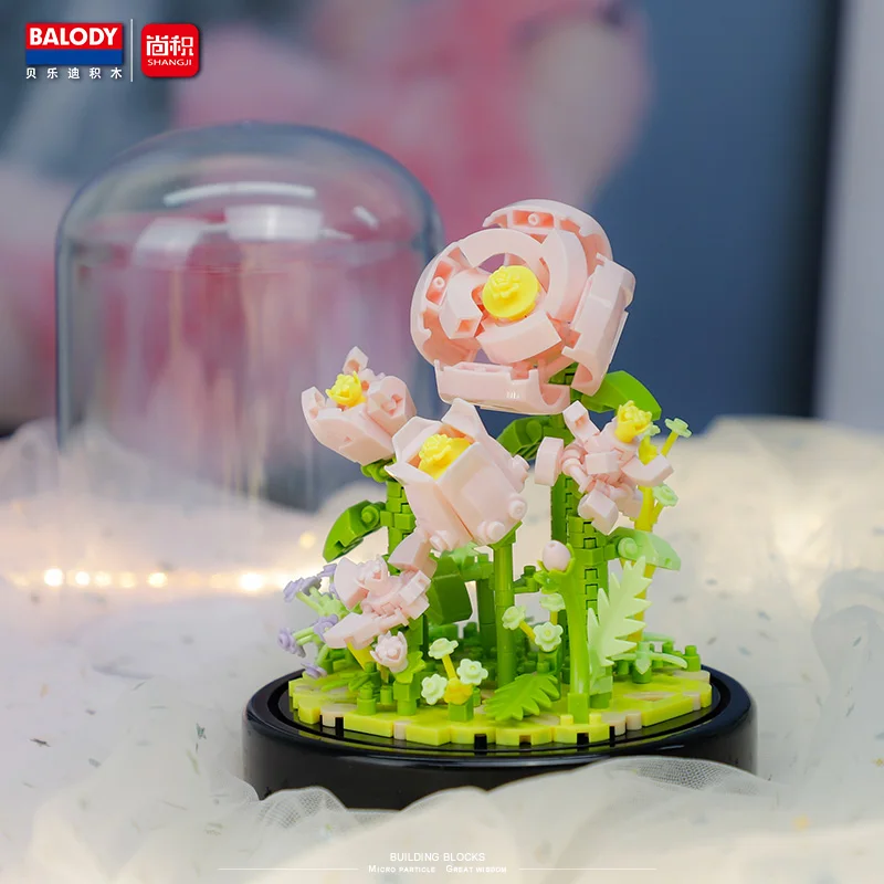 Micro-particle assembly building blocks, lotus pink rose creative desktop ornament, DIY girl's birthday gift, orchid jasmine model, Teacher's Day gift, living room decoration, gift for best friend