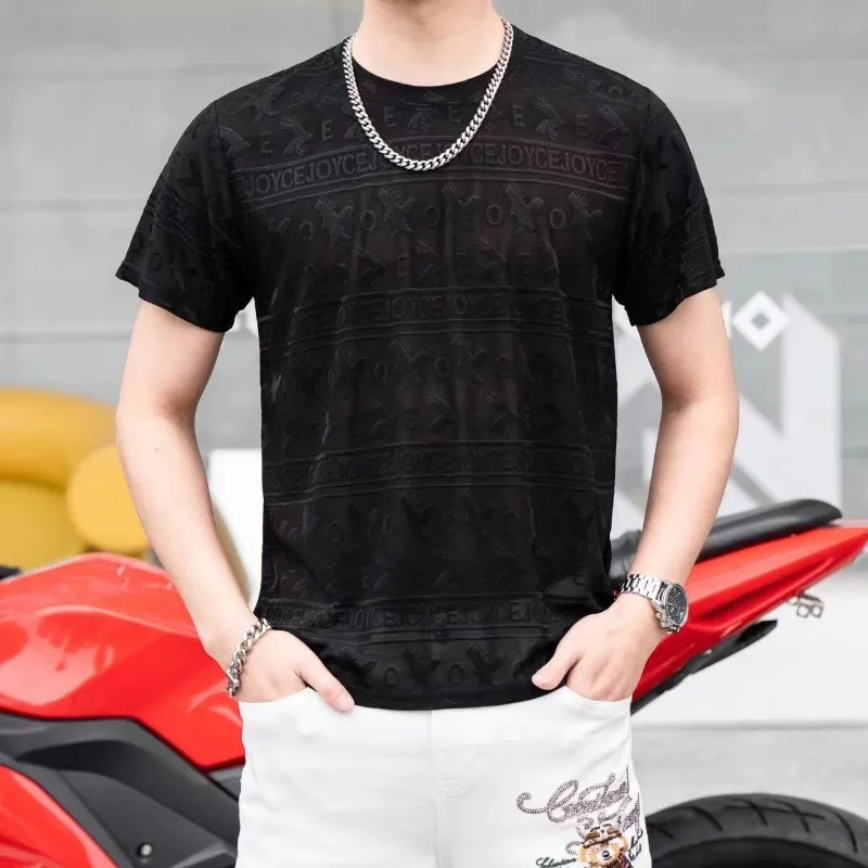 GELITAYIN Summer Ice Silk Men's T-Shirt Cooling Breathable Fashion Jacquard Printing Top Loose Fit Casual Comfortable Thin Short