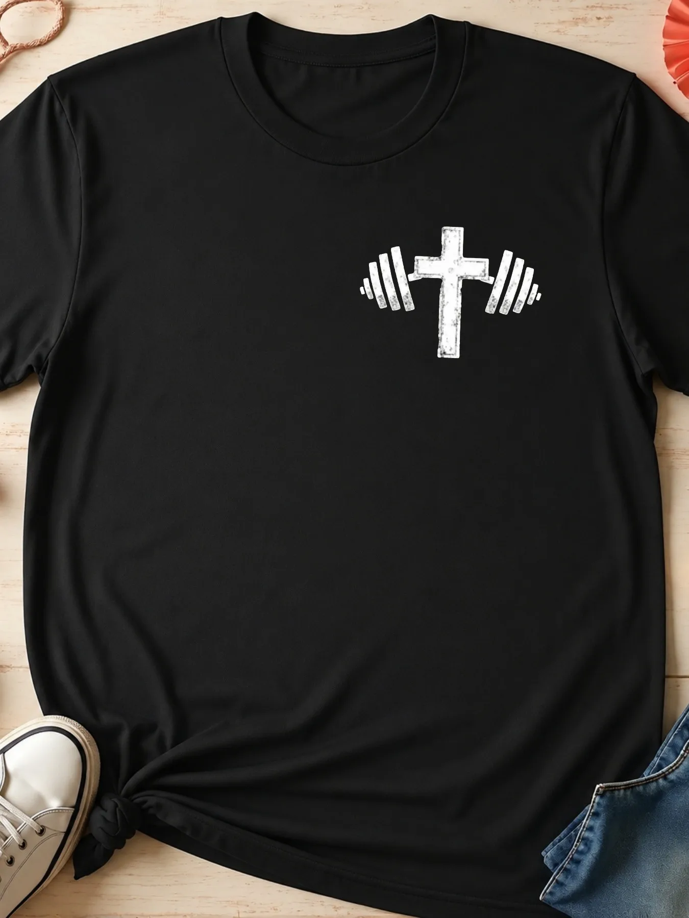Men'S Retro Graphic Tee Summer Casual Loose Fit Fashion Shirt Printed With Cross Combined With Barbell Plates Design Gym Fitness