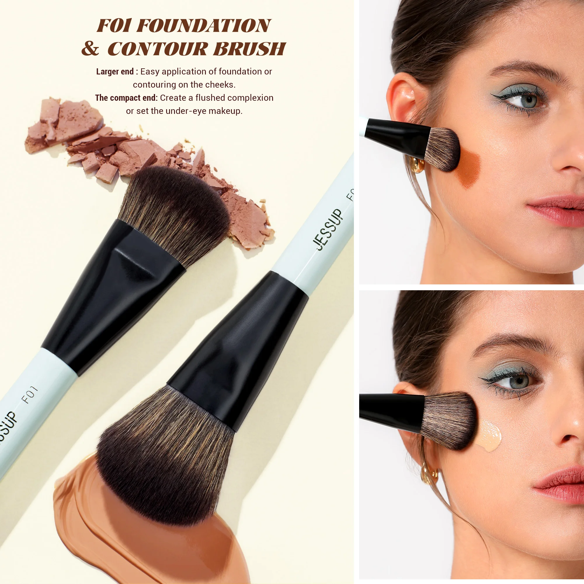 Jessup Makeup Brushes with Makeup Sponge, 3pcs Double Ended Makeup Brush for Foundation Contour Concealer with Gift Box, T510