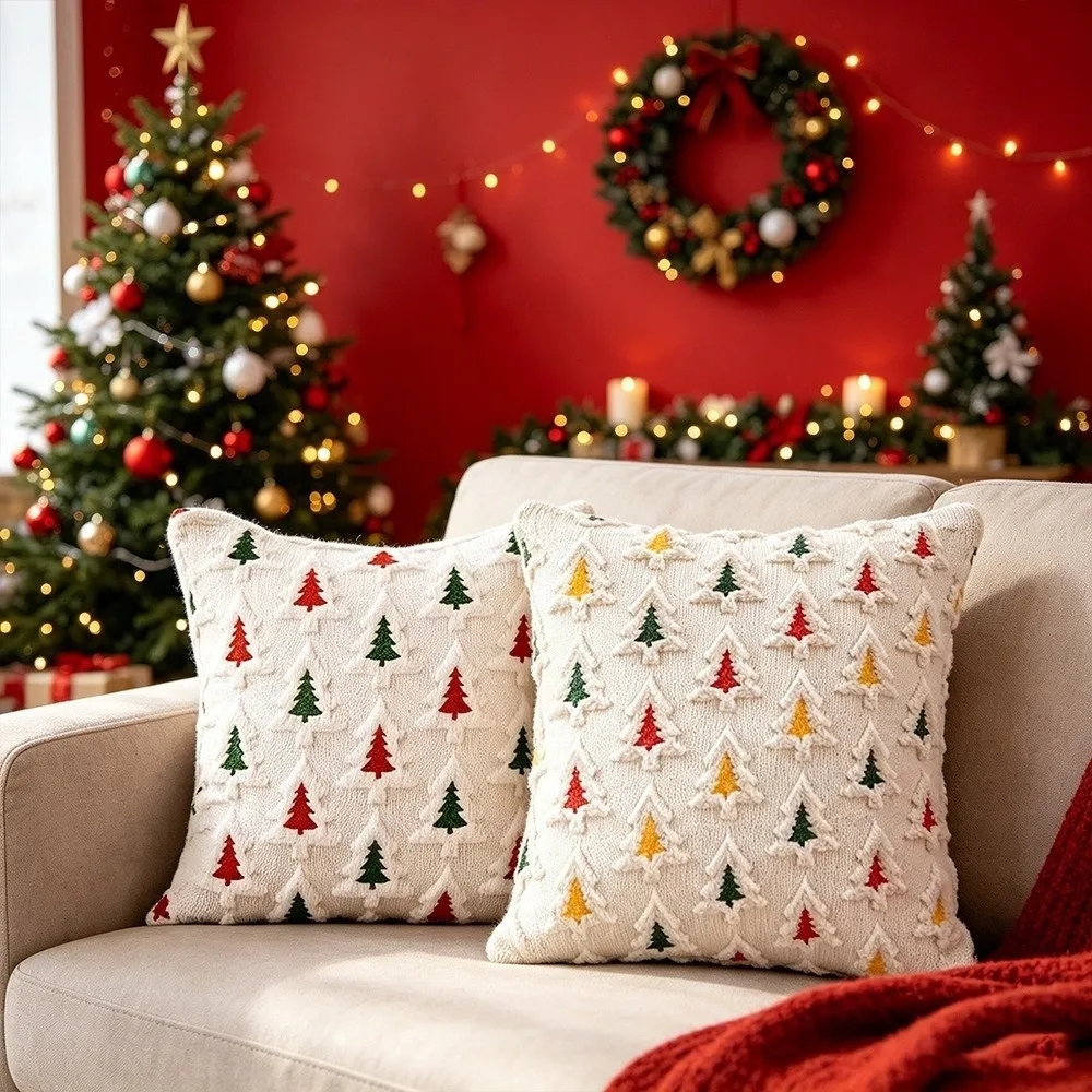 Embroidered Throw Pillow Covers 18x18 Inch 3D Cushion Covers Soft Cozy Texture Christmas Tree Tufted Pillow Covers Sofa Decor