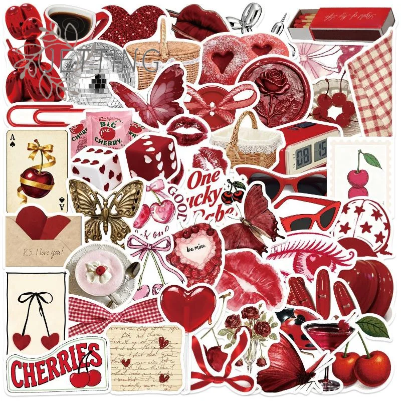 

(SMTGDP11)50PCS Y2K Aesthetic Cherry Stickers Laptop Guitar Suitcase Journal Phone Case Diary Notebook Doodle Decals Decor Gift