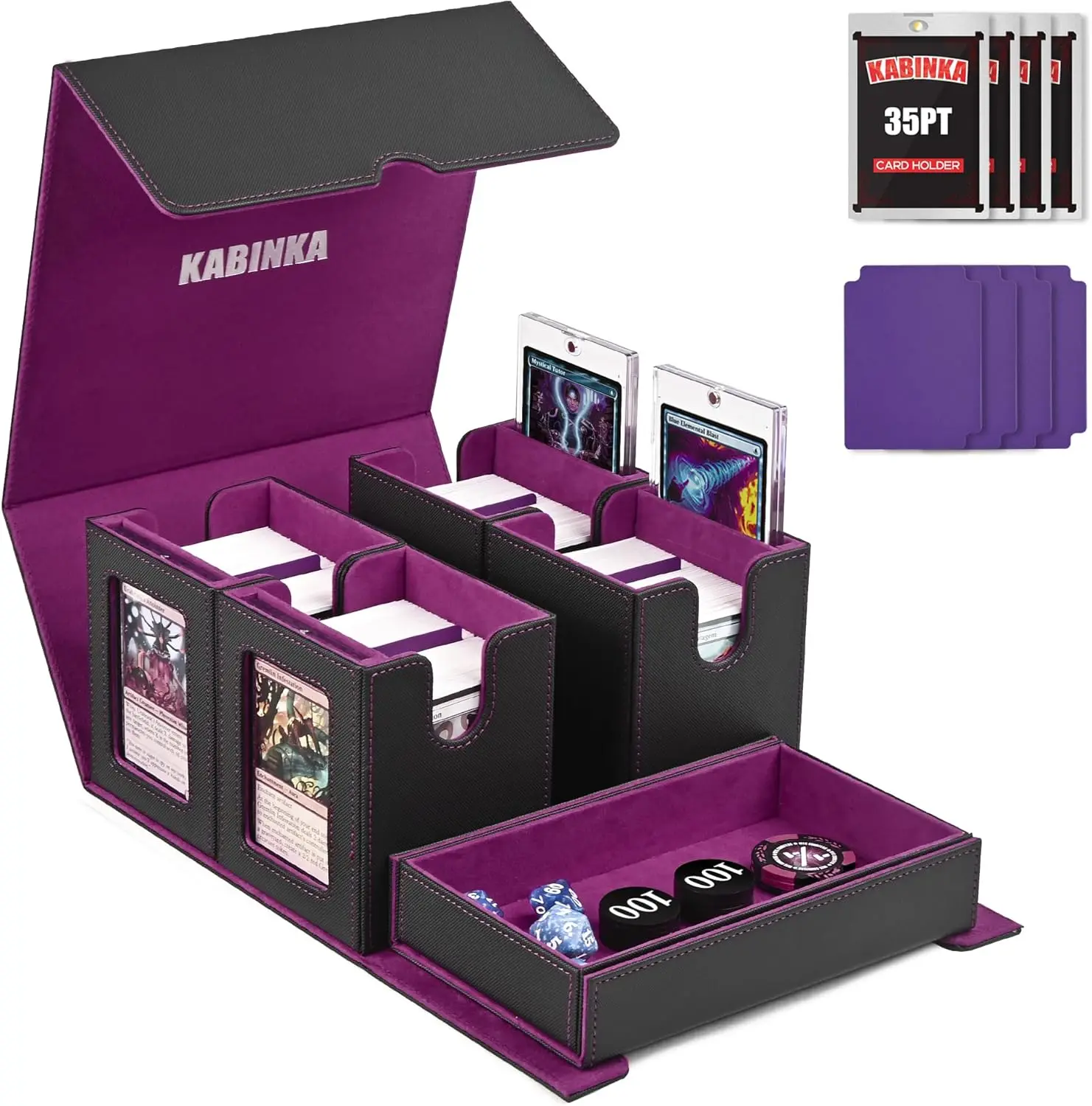 

5-in-1 Modular Deck Box with Dice Tray, Holds 400+ Double-Sleeved Cards, Magnetic Holders for Display and Protection