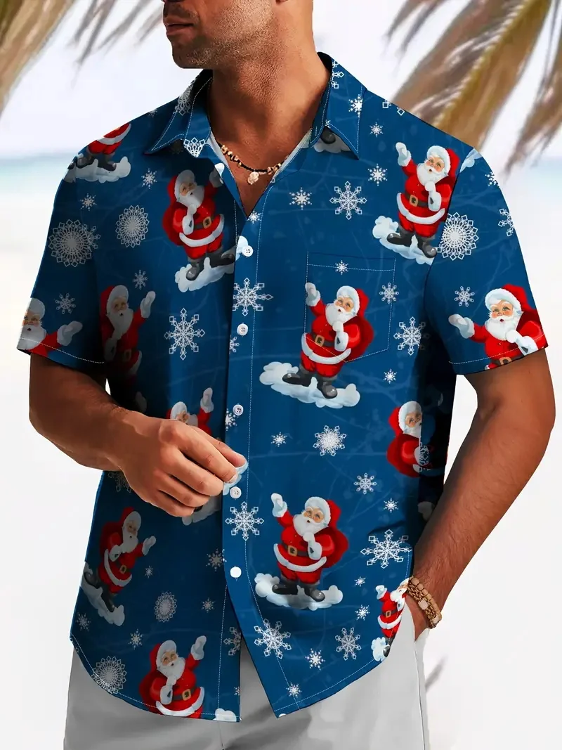 الرجال عيد الميلاد سانتا شاطئ عطلة قمصان ثلاثية الأبعاد طباعة عادية كم قصير زر حتى قمصان هاواي بلوزة للرجال ألوها قميص #6