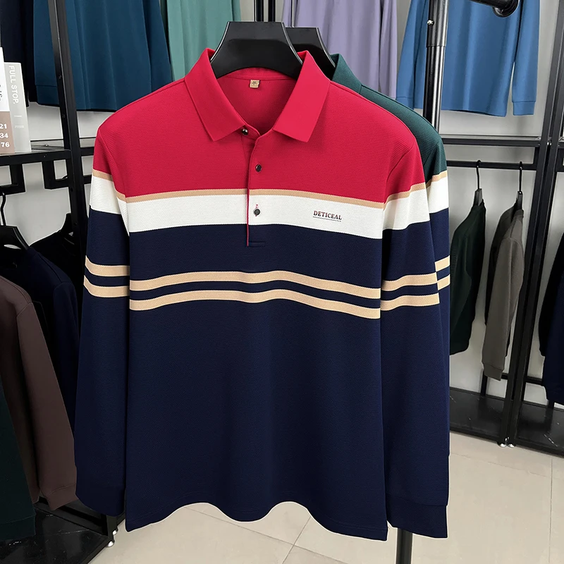الراقية العلامة التجارية رسالة مطبوعة قميص بولو بأكمام طويلة الرجال في الربيع والخريف جديد عادية وأزياء مخطط التلبيب تي شيرت #3