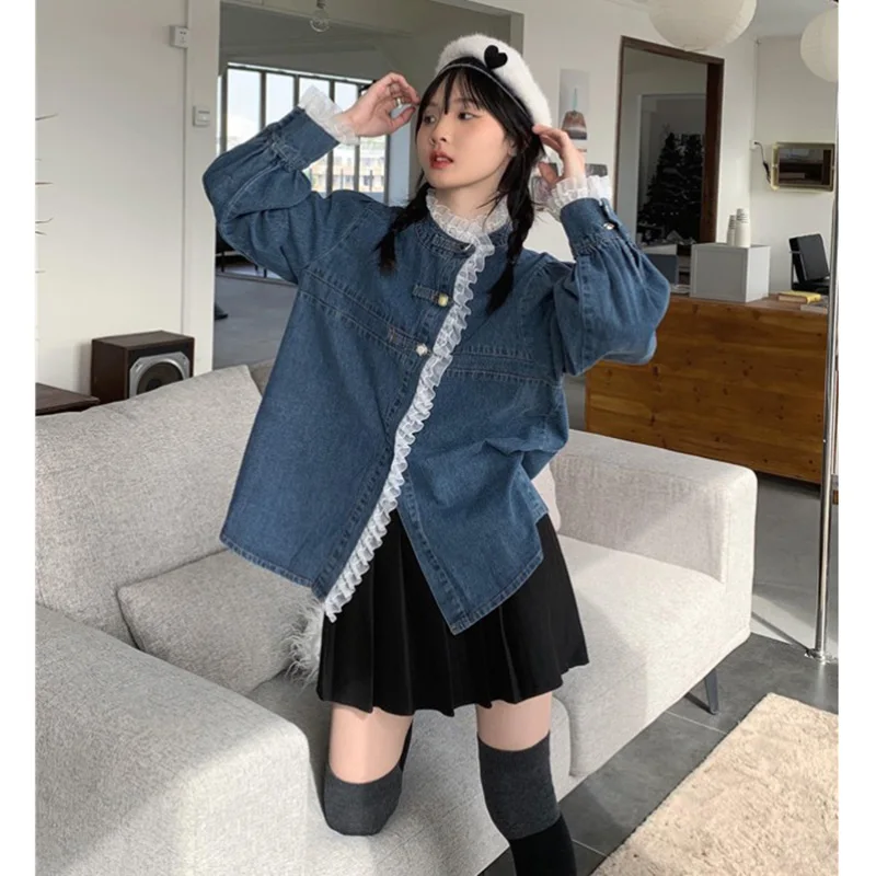 Oversized Lace Denim Blouses Women Spring Autumn O-Neck Single Breasted Loose Coat Fashion Sweet All-matched Overcoat