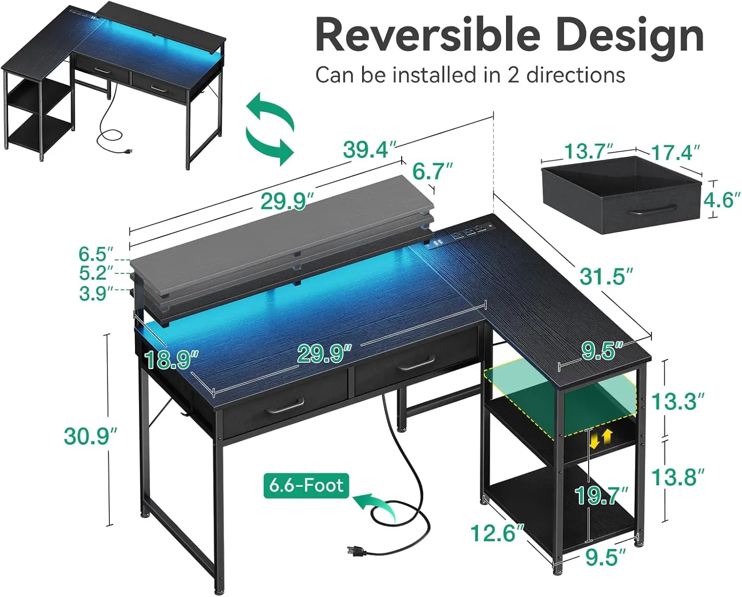 40 Inch L Shaped Gaming Desk with 2 Drawers & Storage Shelves, Computer Desk with USB Ports, Study Writing Table for Bedroom, Si