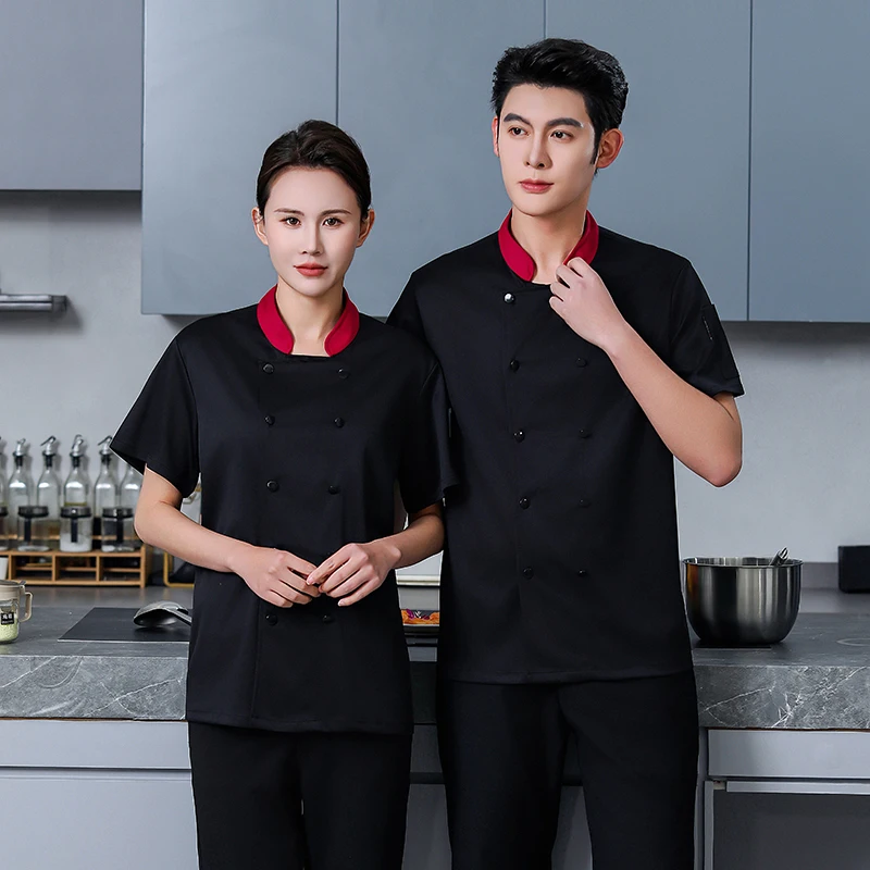 سترة الطاهي السوداء للمطاعم بأكمام قصيرة زي الشيف معطف الطبخ تي شيرت الشيف بيكر زي العمل النادل ملابس الفنادق شعار النساء