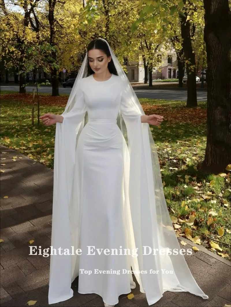 فستان زفاف عربي Eightale برقبة دائرية مخصص من الساتان العاجي قبعة إسلامية بأكمام طويلة فستان زفاف حورية البحر فستان حفلات العروس