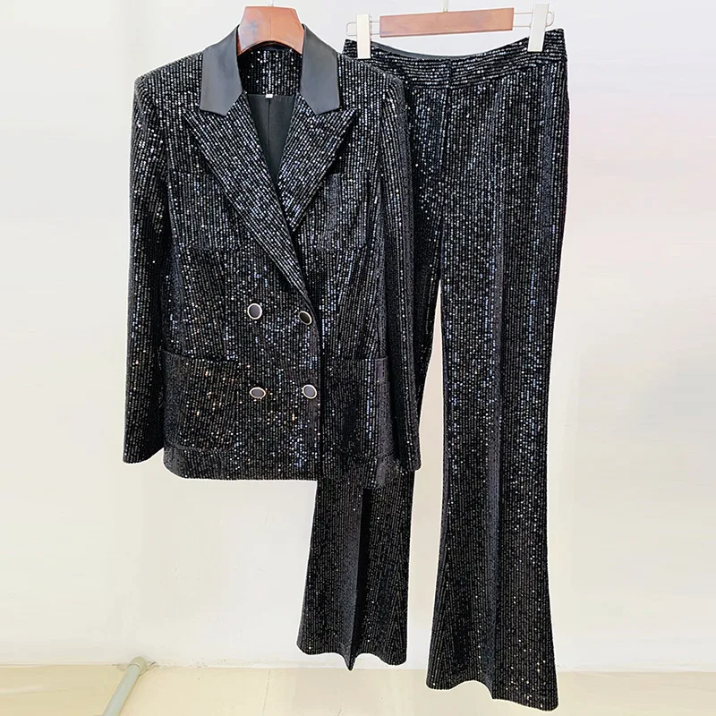 Ensemble blazer et pantalon à paillettes noires pour femmes, vêtements de travail formels pour femmes, veste élégante pour femme, manteau à double bouton, tenue de bureau