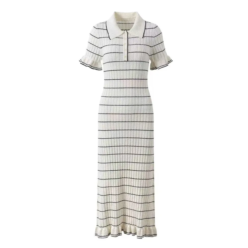 

Dress 2025 summer new fashion women's lapel short-sleeved striped elegant Slim thin long knitted women