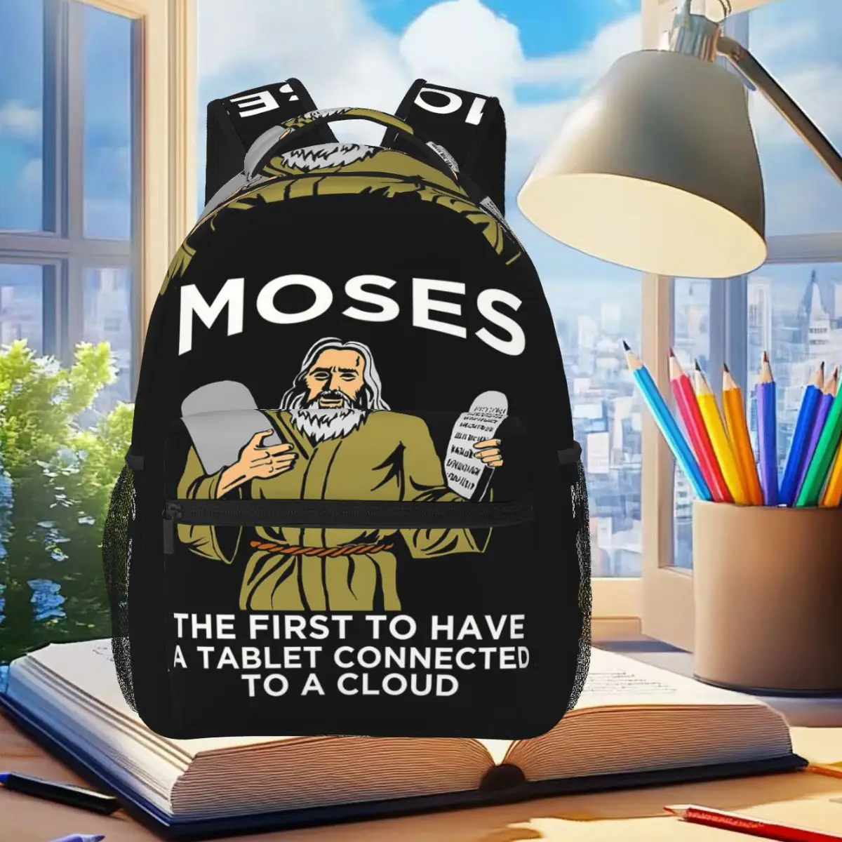 Moses The First To Have A Tablet Connected To A Cloud Pun Backpack Student Boys Girls BookBag School Bag Laptop Shoulder Bags