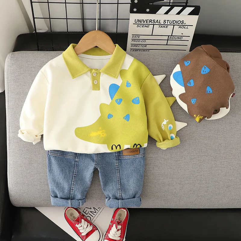 

Autumn Baby Boys Clothing Sets Kids Cartoon Dinosaur Pullover Tops Denim Pants 2Pcs Suit for Boy Children Cotton Infant Outfits