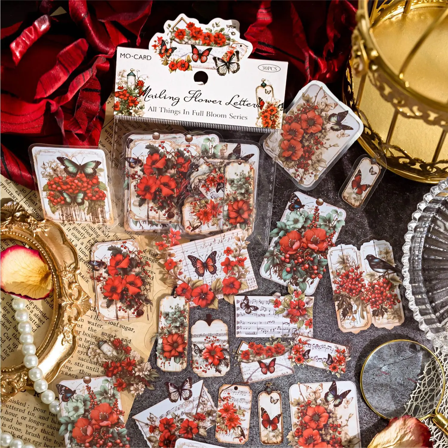 30Pcs Vintage Flower Tea Set Fan Decorative Sticker Pack Collage Scrapbooking Label Diy Diary Album Journal Planner