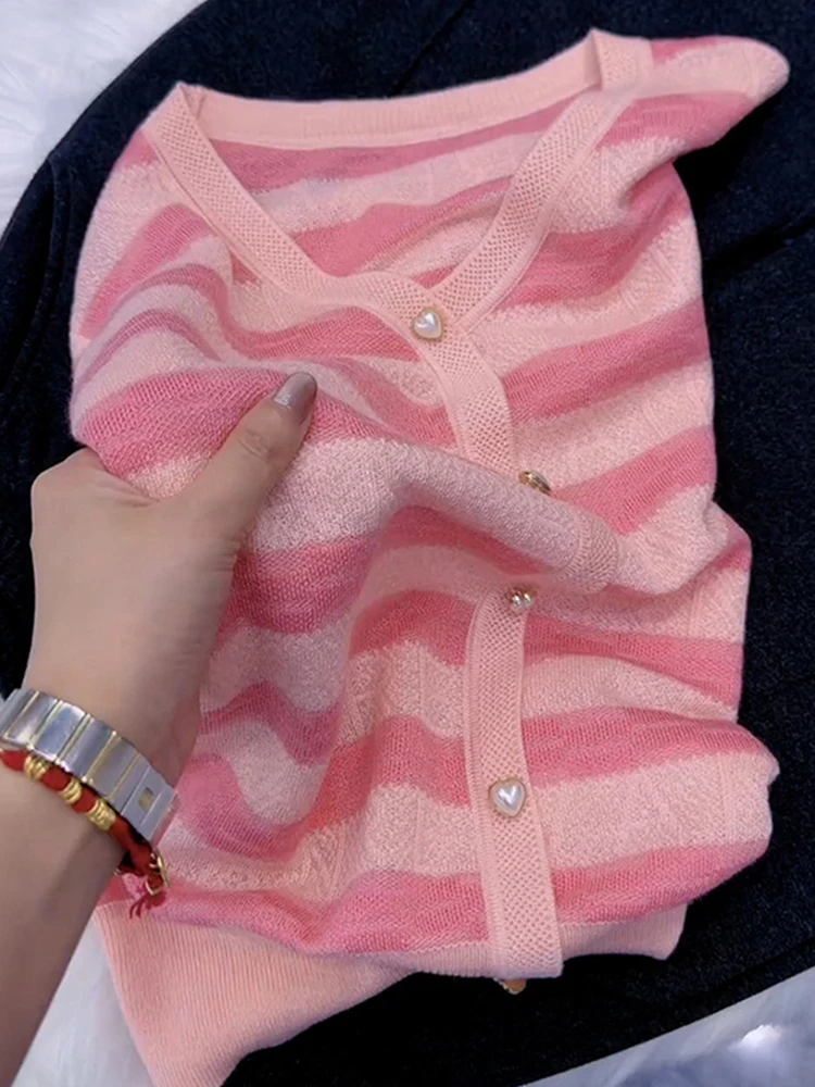 

Sweet Gentle Ice Silk Knitted Cardigan Summer Faion Youthful Slimming Base irt Casual Versatile Top Women's Korean Sle ...