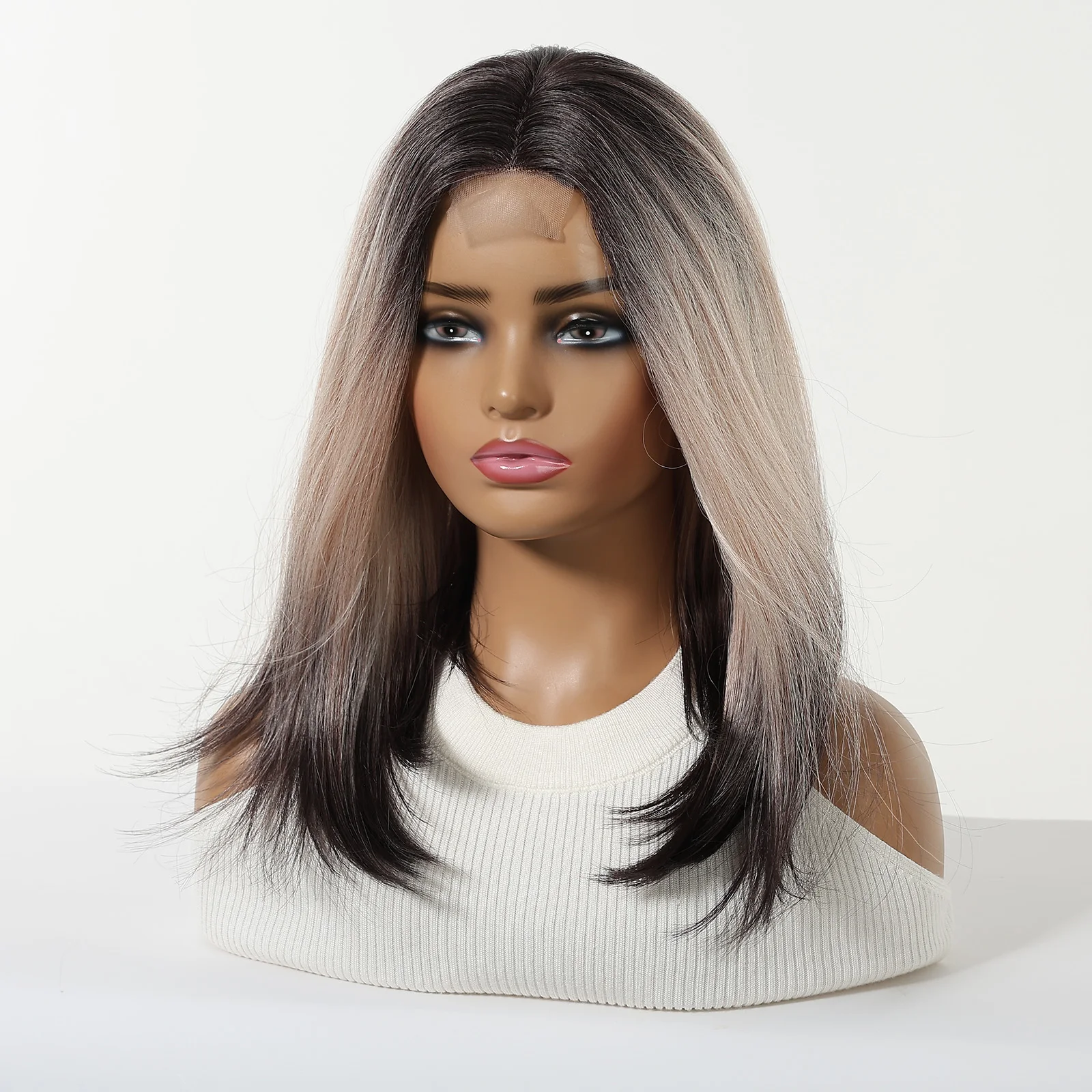 Henry Margu Medium Synthetic Wig Silver Grey to Black Gradient Style Natural Hair Heat Resistant Fiber Mixed Tones for Women