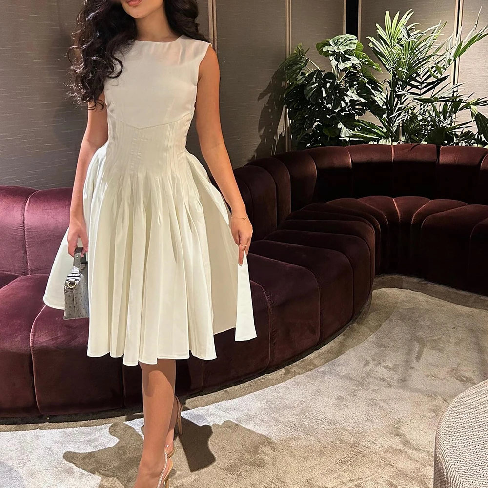 

Customized Jersey A-Line Cap Sleeve Evening Dress Crew neck Sleeveless Tea Length White High Quality Vestidos para mujer