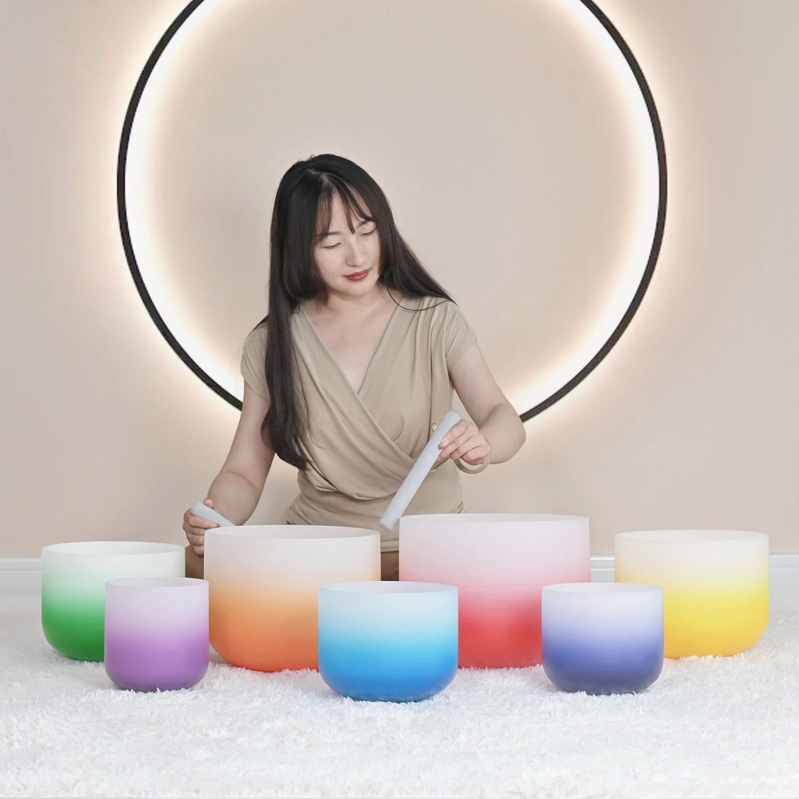 

CVNC 6-12" Half Color Aria Gradient Design 7pcs CDEFGAB Note Frosted Quartz Crystal Singing Bowl Chakra Set with Bags