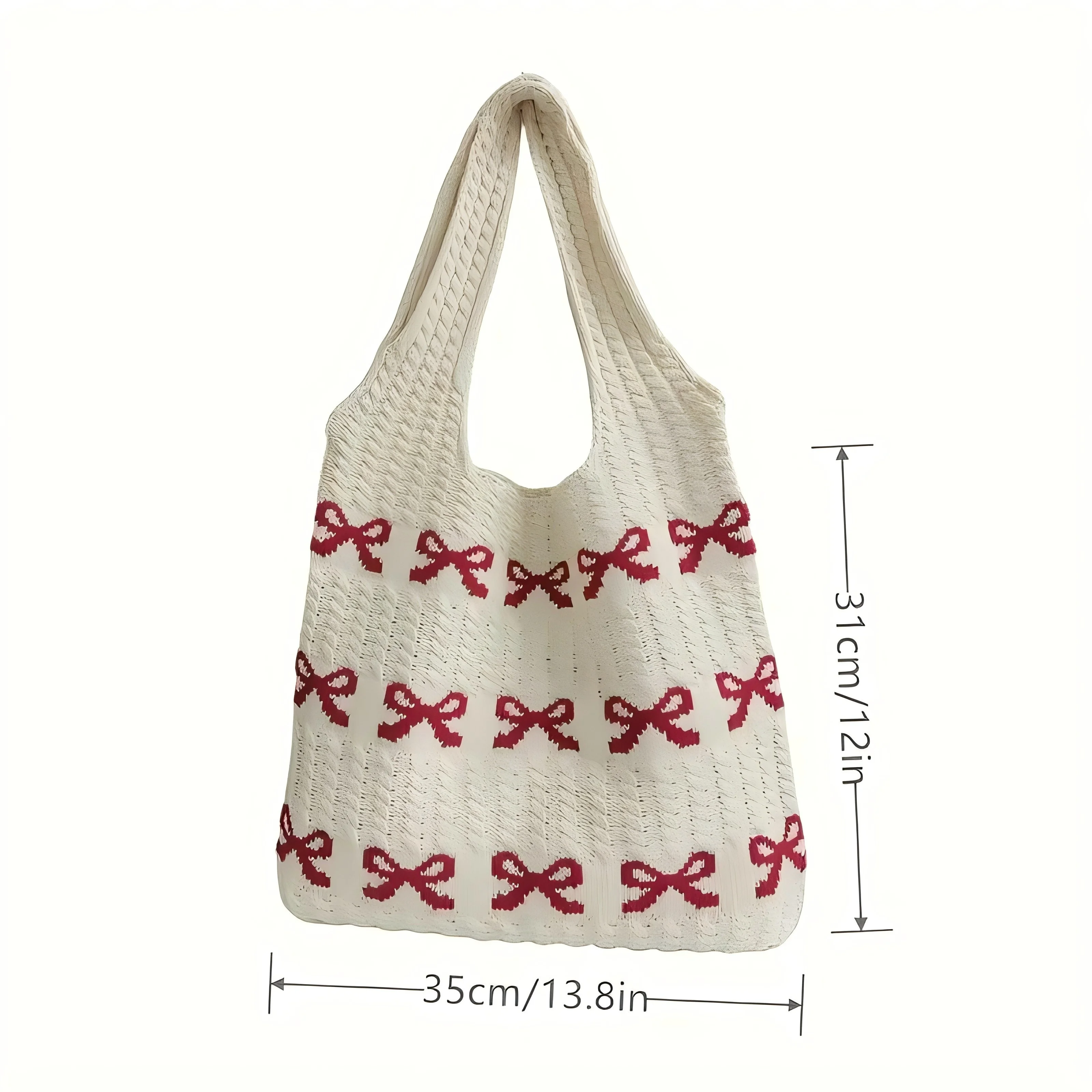 Fashion Bow Knitted Handbag - Women's Spacious One Shoulder Handbag, Casual Flower Pattern Khaki/Ivory