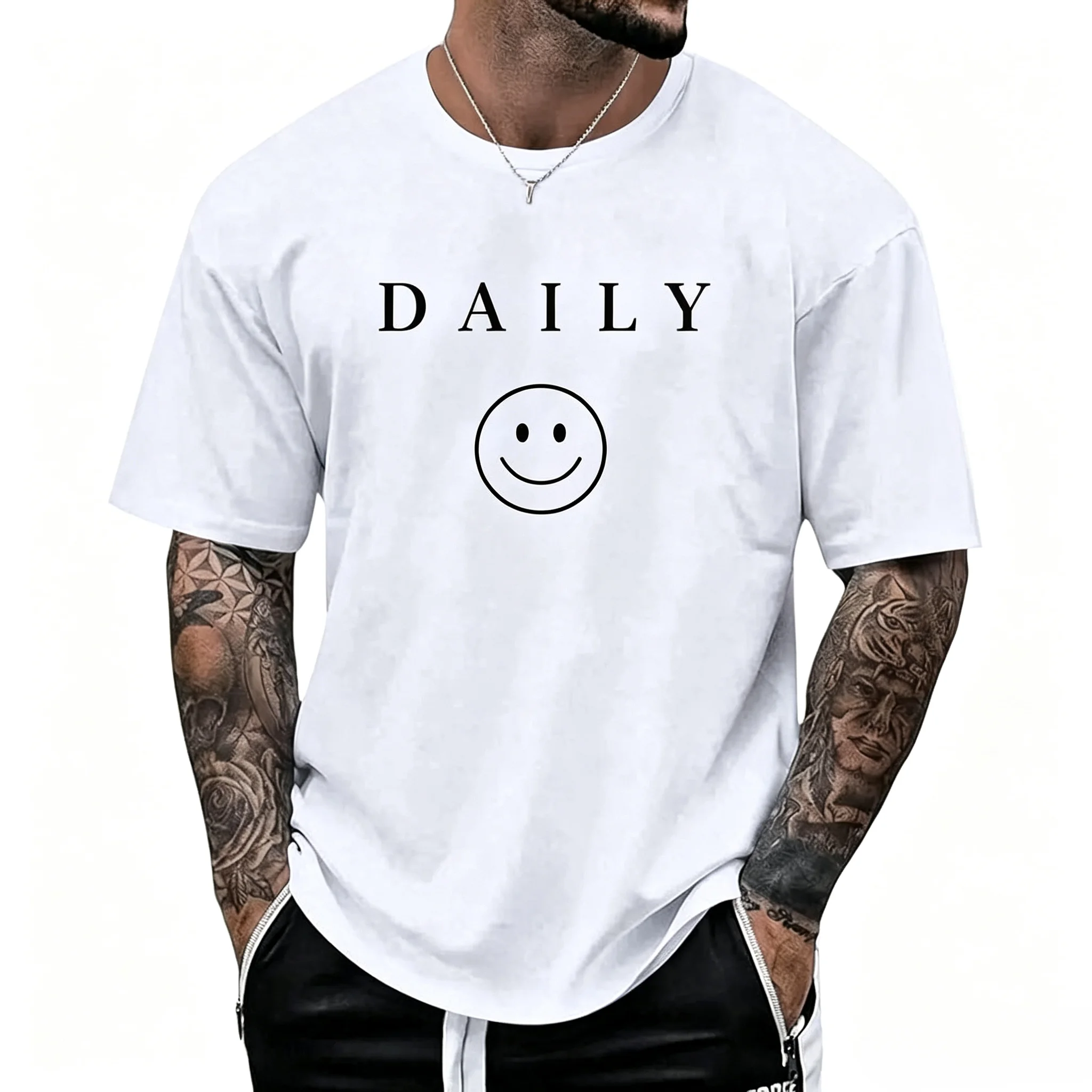 Unisex DAILY Outline Smiley Face Graphic T Shirt Men Women Simple Letter Print Oversized Crew Neck Short Sleeve Tee Casual Streetwear Cotton Top