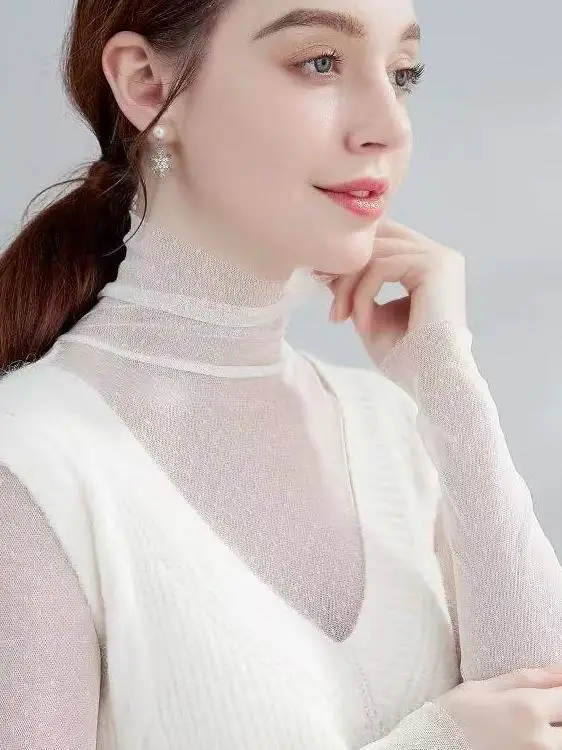 White High Collar Lace Base Shirt Women's Inner Wear Mesh See through Fashionable Long Sleeve Hollow out Net Shirt