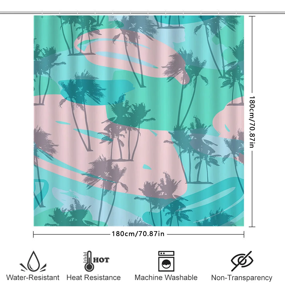 Vibrant Palm Tree Shower CurtainBeachy Turquoise Pink Pattern for Bathroom Decor Easy Clean Fabric with Hook Rings Set