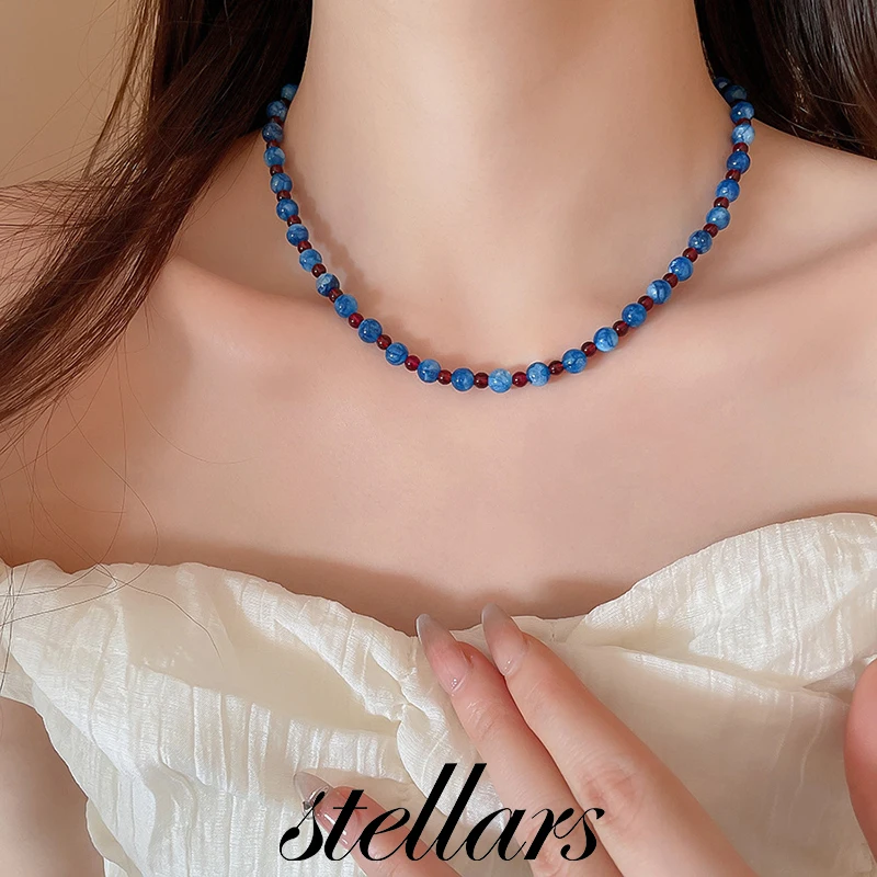 

New Chinese Style Blue Jade Beaded Necklace Unique Design Temperament Clavicle Chain Niche High-End Neck Jewelry