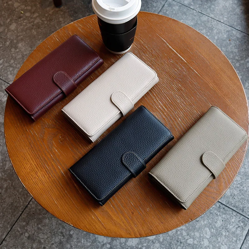 2025 New Women's Top-Grain Leather Long Wallet & Phone Clutch | Solid Color Multi-Card Mini Handbag | Slim Everyday Carry