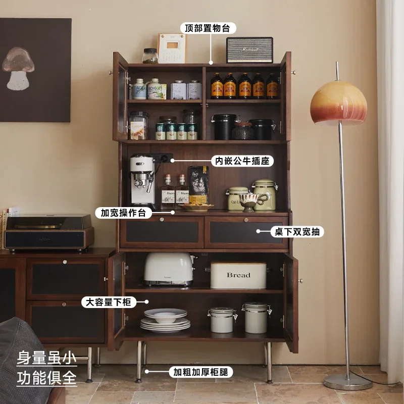 

Retro solid wood rock slab dining side cabinet integrated wall small apartment walnut wood tea cabinet living room storage