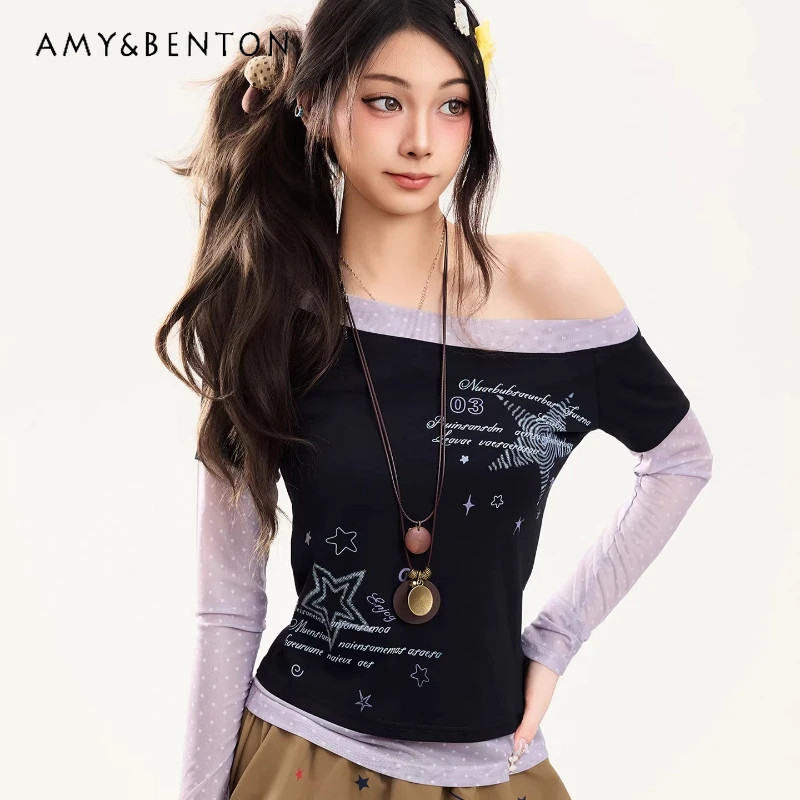 

Japanese Diagonal Collar Polka Dot Splicing Women's Top 2026 New Sweet Hot Girl Thin Fake Two-piece Long-sleeved T-shirt Ladies