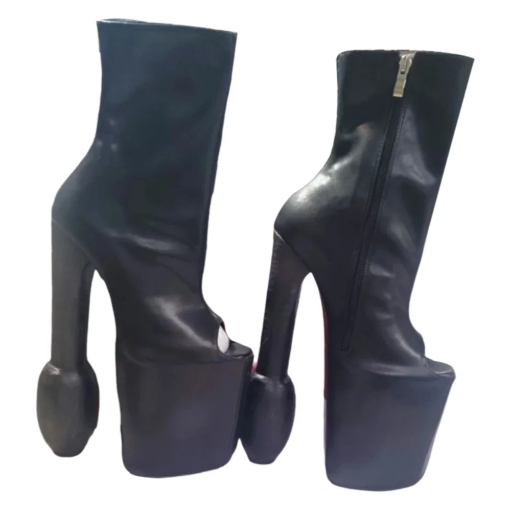 SHOFOO Botas de tacón alto a la moda para mujer, botas de media caña de cuero negro, altura del tacón de aproximadamente 25 cm, tacones de estilo original, botas con punta abierta