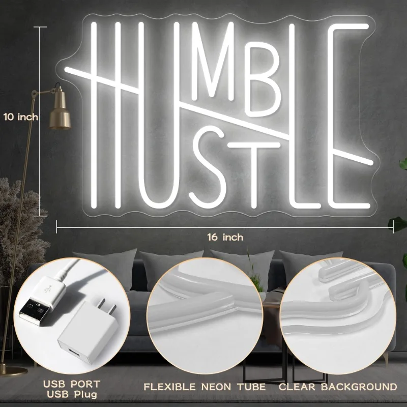 HUSTLE Neon Sign Words USB Powered Led Room Decor for Boys Man Cave Gym Room Dimmable Bedroom (HUSTLE-White) 5V USB