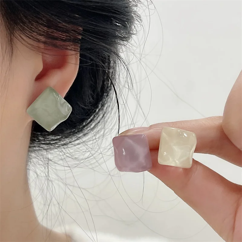Sweet Square Shape Water Ripple Crystal Stud Earrings Women Blue/White/Green/Purple Color Geometric Earrings Summer Jewelry Gift