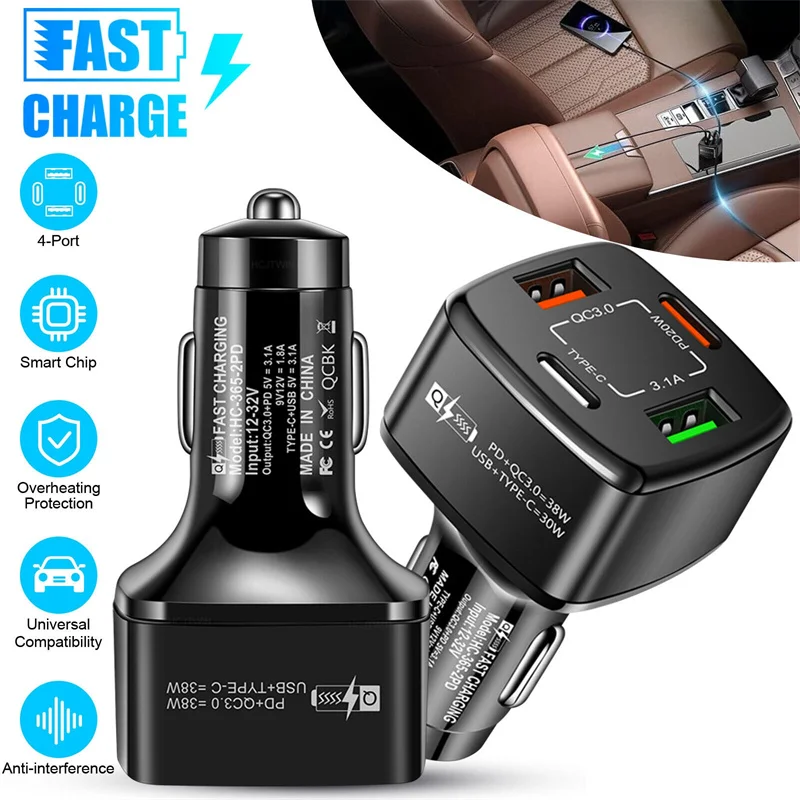 NEW USB Type-C PD 38W Car Charger LED Display 4 Ports Quick Charge 3.0 Fast Charging Phone Adapter