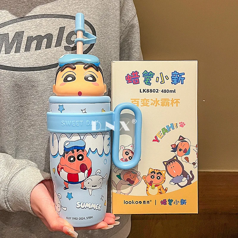 Kawaii Crayon Shin-Chan Large Handle Water Cup Stainless Steel Children's Insulated Cup Cute Large Capacity Straw Desktop Gifts