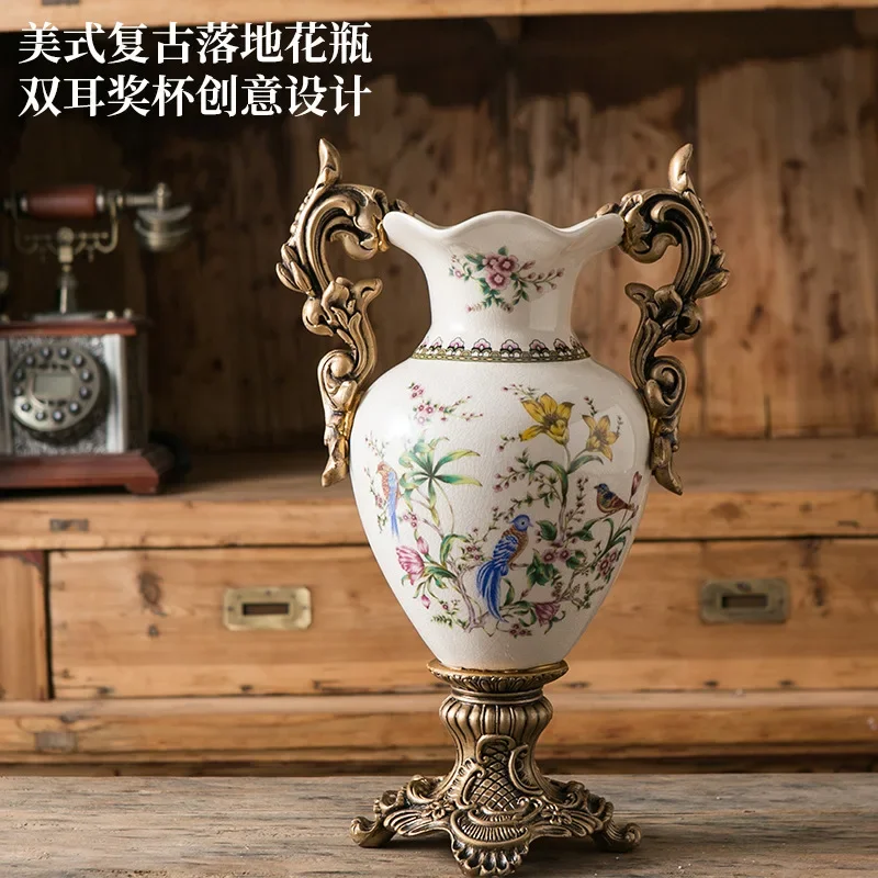 European binaural trophy-shaped floor-to-ceiling ceramic vase, handicrafts, American retro home ceramic decorative vase