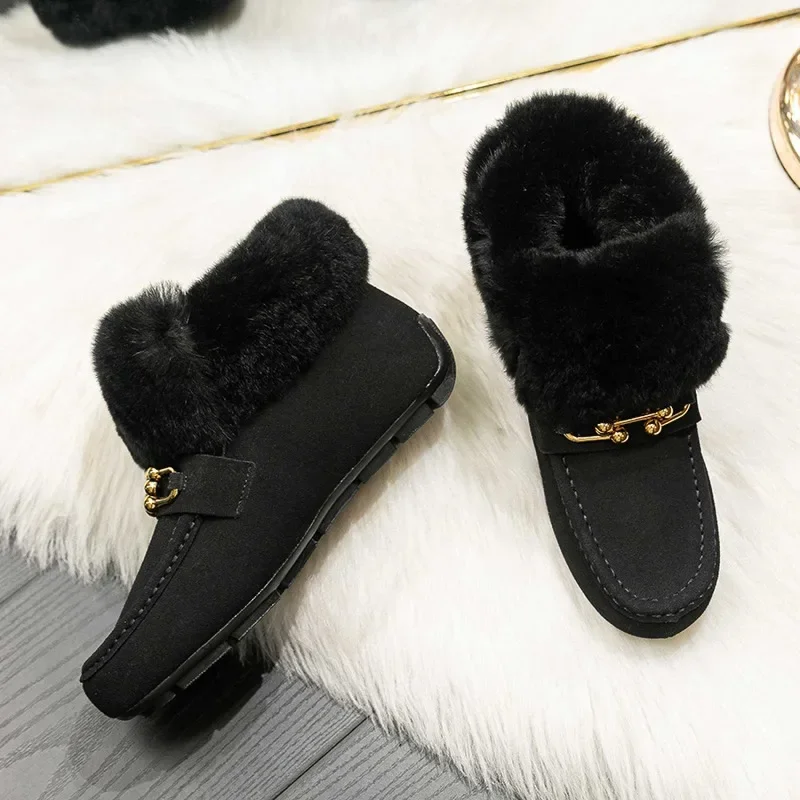 Faux Suede Women\'s Boots 2023 Winter Plush Warm Ladies Snow Boots Simple Solid Slip-on Casual Flat Shoes Botines Para Mujeres