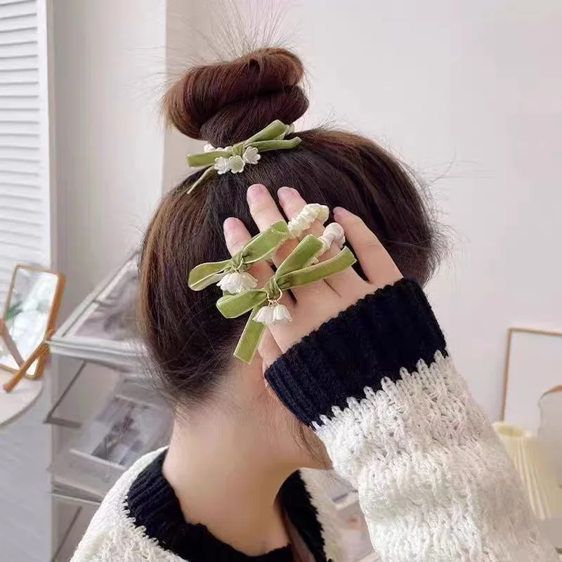 Elegant Bellflower Green Bowknot Hair Rope for Women Girls Delicate Lovely Stretchy Hair Band Creative Plant Flower Headdress
