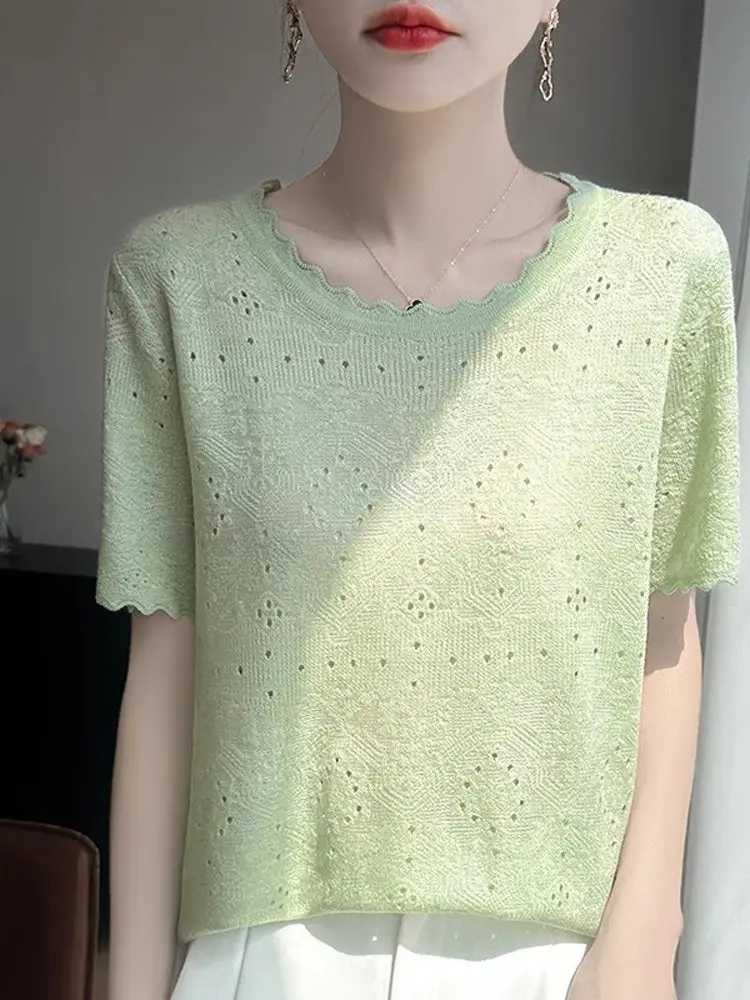 Top de punto con orejas de madera de encaje blanco dulce, camiseta fina ahuecada suave, Top informal de primavera para mujer