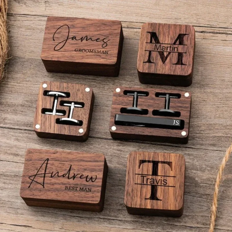 1PCS Free Engraved Wooden Mens Shirt Cufflinks Tie Clips Set Box Customized Wedding Gifts for Groomsmen Wooden Cufflinks Gifts