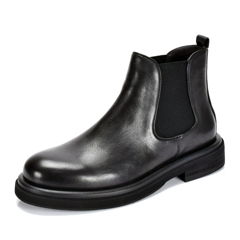 British Style High Top Men's Chelsea Boots Increase Height Classic Luxury Genuine Leather Elastic Band Men Autumn Winter Shoes