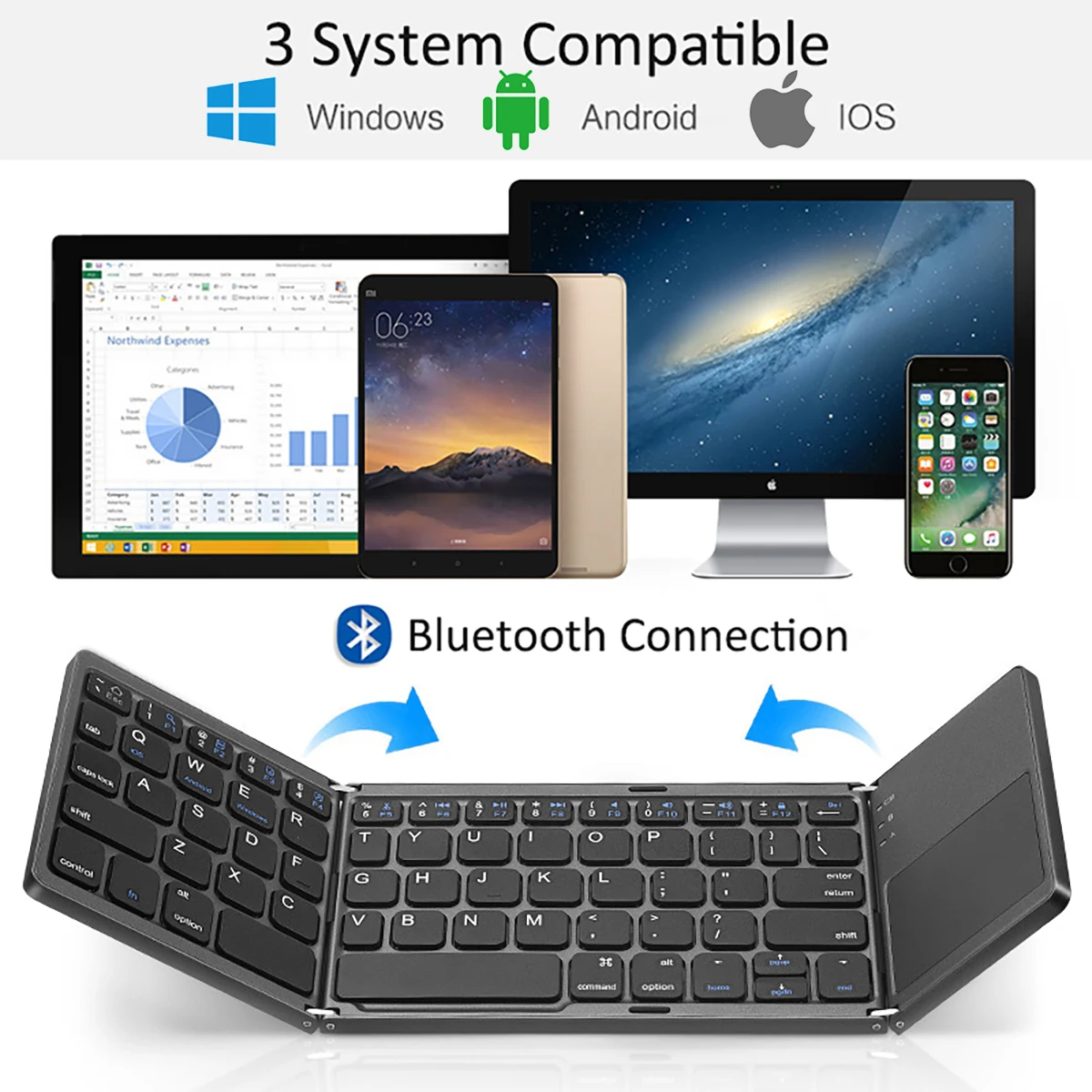 Imagem -01 - Mini Teclado sem Fio com Touchpad Teclado Portátil Magnético Triplo Dobrável Bluetooth Windows Android Ios Ipad Tablet mini teclado sem fio com touchpad teclado portatil magnetico triplo dobravel bluetooth windows android ios ipad tablet 01