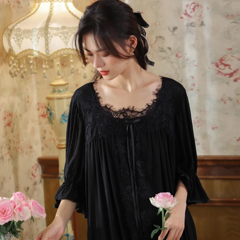 

Mid Sleeve Mesh Nightgown for Women Spring Court Retro Style Lace Princess Sleepwear Loose Plus Size Home Wear Autumn