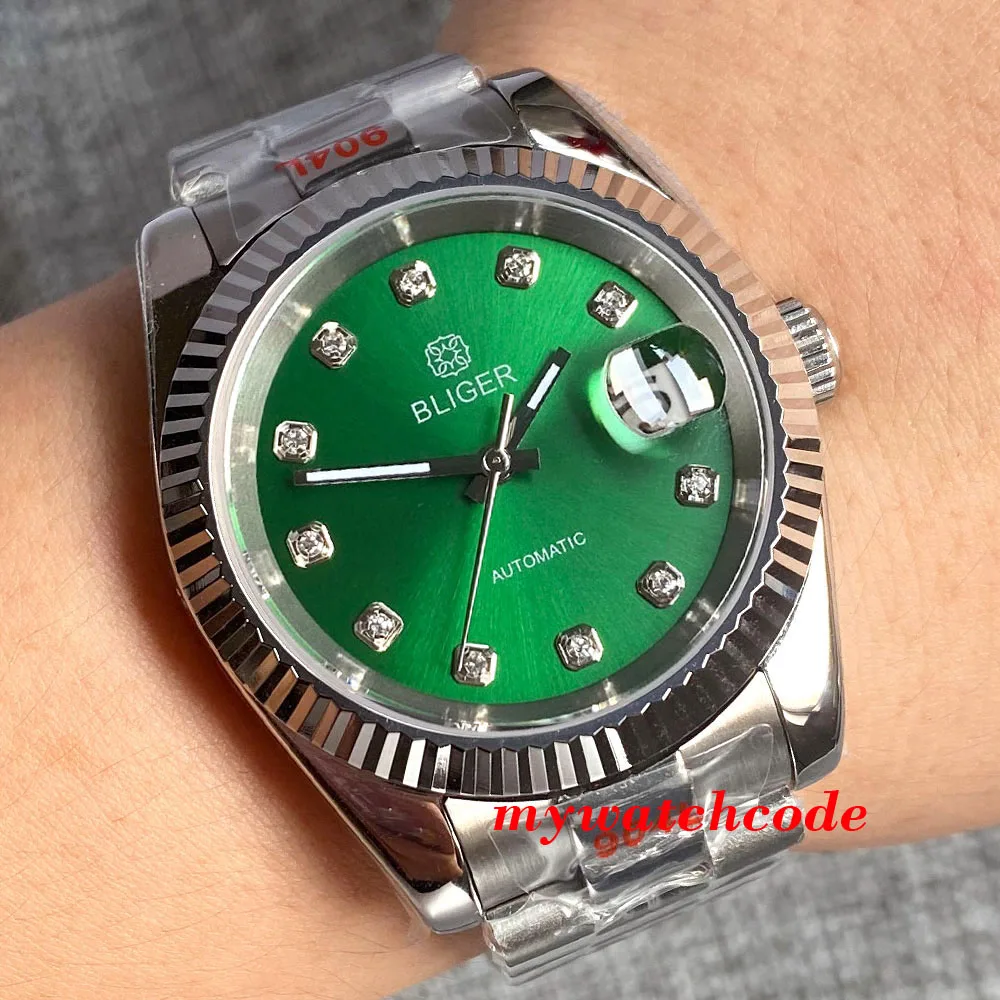 BLIGER-Reloj de pulsera automático para hombre, pulsera con bisel estriado Multicolor, esfera de diamante, cristal de zafiro, corona de tornillo de fecha, 36mm/39mm, NH35A