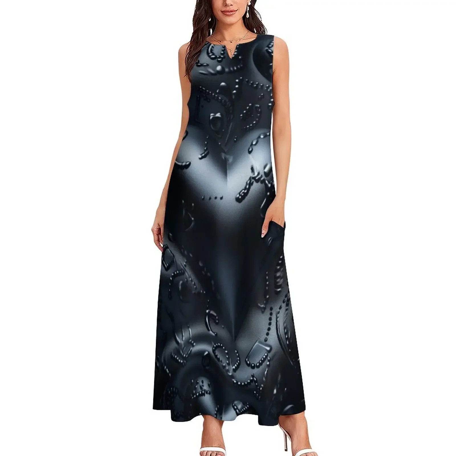 Robe longue en cuir noir avec texture de cœurs, robe de soirée de luxe pour femmes, robe de bal