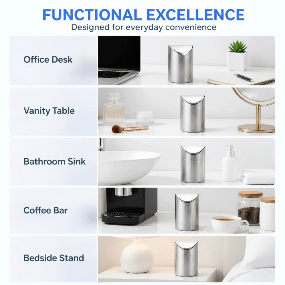 Sleek Stainless Steel Mini Trash Can Silver Swing Lid Desktop Trash Can Compact Size Swing Lid Trash Can Office